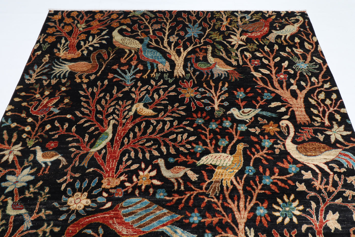 185 x 275 cm | Tribal Birds Black Area Rug Afghan Hand Knotted Veg Dye Wool carpet
