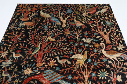 185 x 275 cm | Tribal Birds Black Area Rug Afghan Hand Knotted Veg Dye Wool carpet