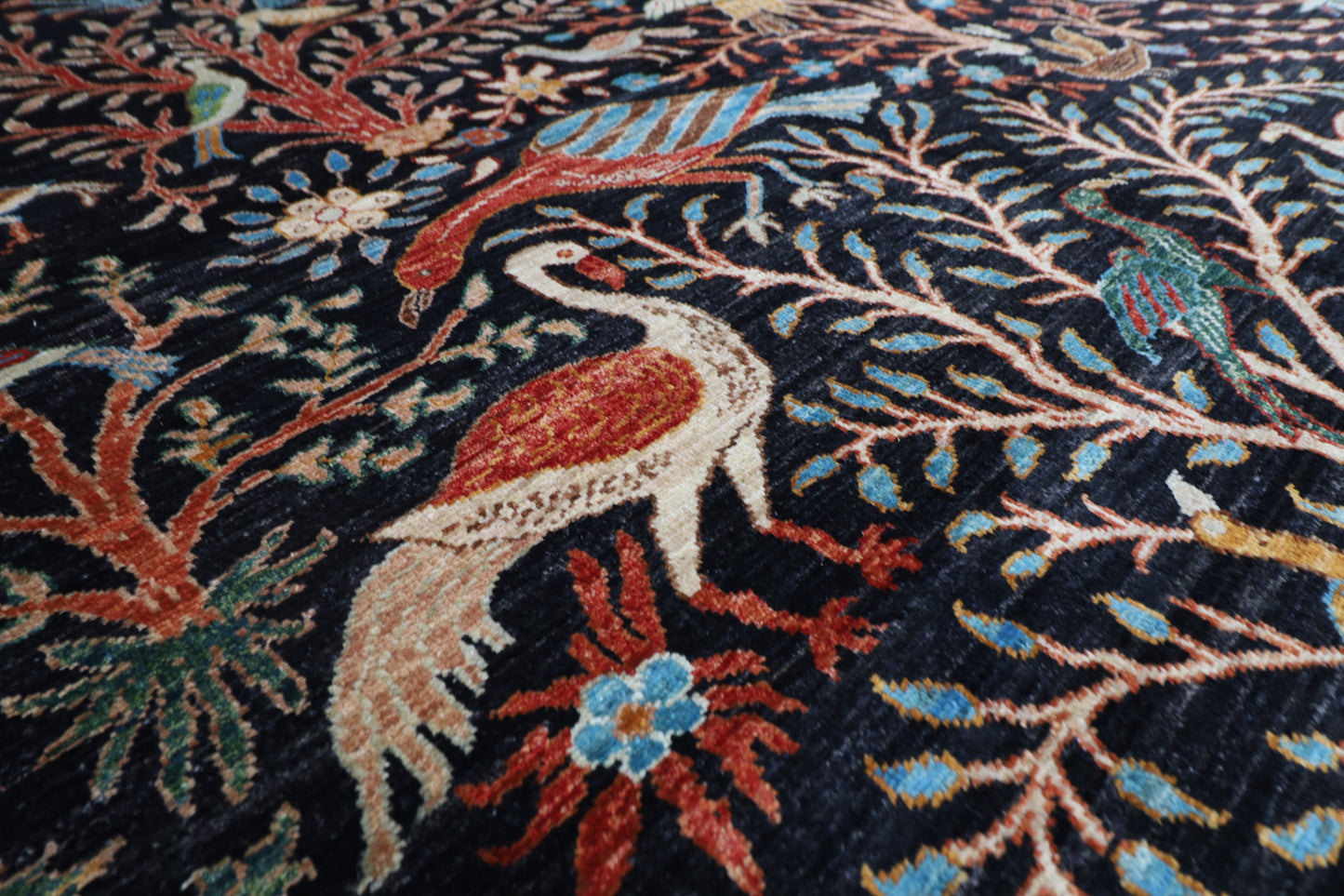 185 x 275 cm | Tribal Birds Black Area Rug Afghan Hand Knotted Veg Dye Wool carpet