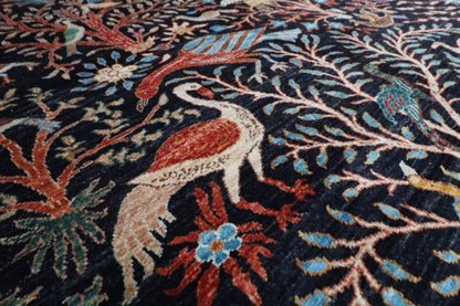 185 x 275 cm | Tribal Birds Black Area Rug Afghan Hand Knotted Veg Dye Wool carpet