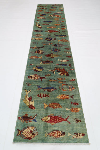 80 x 348 cm | Fish Party Runner Rug Afghan Hand Knotted Veg Dye Wool carpet