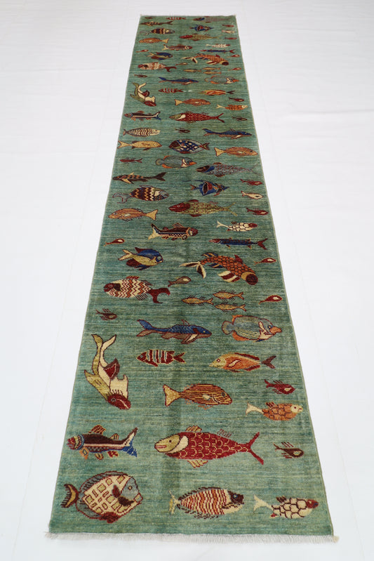 80 x 348 cm | Fish Party Runner Rug Afghan Hand Knotted Veg Dye Wool carpet