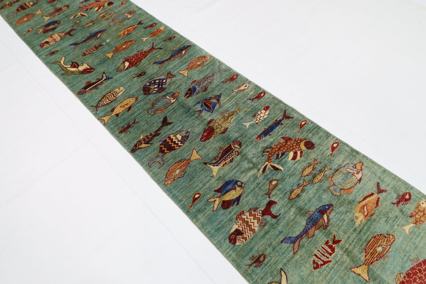 80 x 348 cm | Fish Party Runner Rug Afghan Hand Knotted Veg Dye Wool carpet