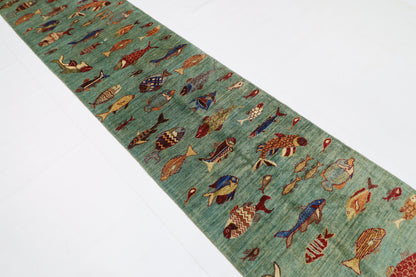 80 x 348 cm | Fish Party Runner Rug Afghan Hand Knotted Veg Dye Wool carpet