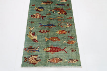 80 x 348 cm | Fish Party Runner Rug Afghan Hand Knotted Veg Dye Wool carpet