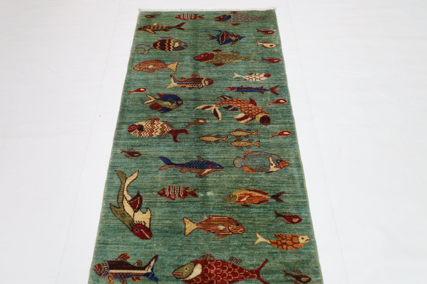80 x 348 cm | Fish Party Runner Rug Afghan Hand Knotted Veg Dye Wool carpet
