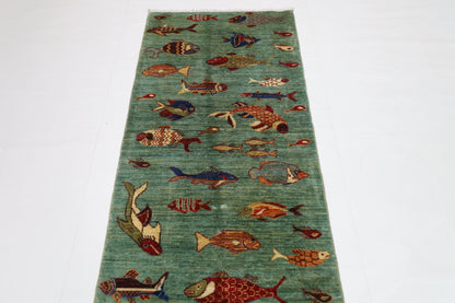 80 x 348 cm | Fish Party Runner Rug Afghan Hand Knotted Veg Dye Wool carpet