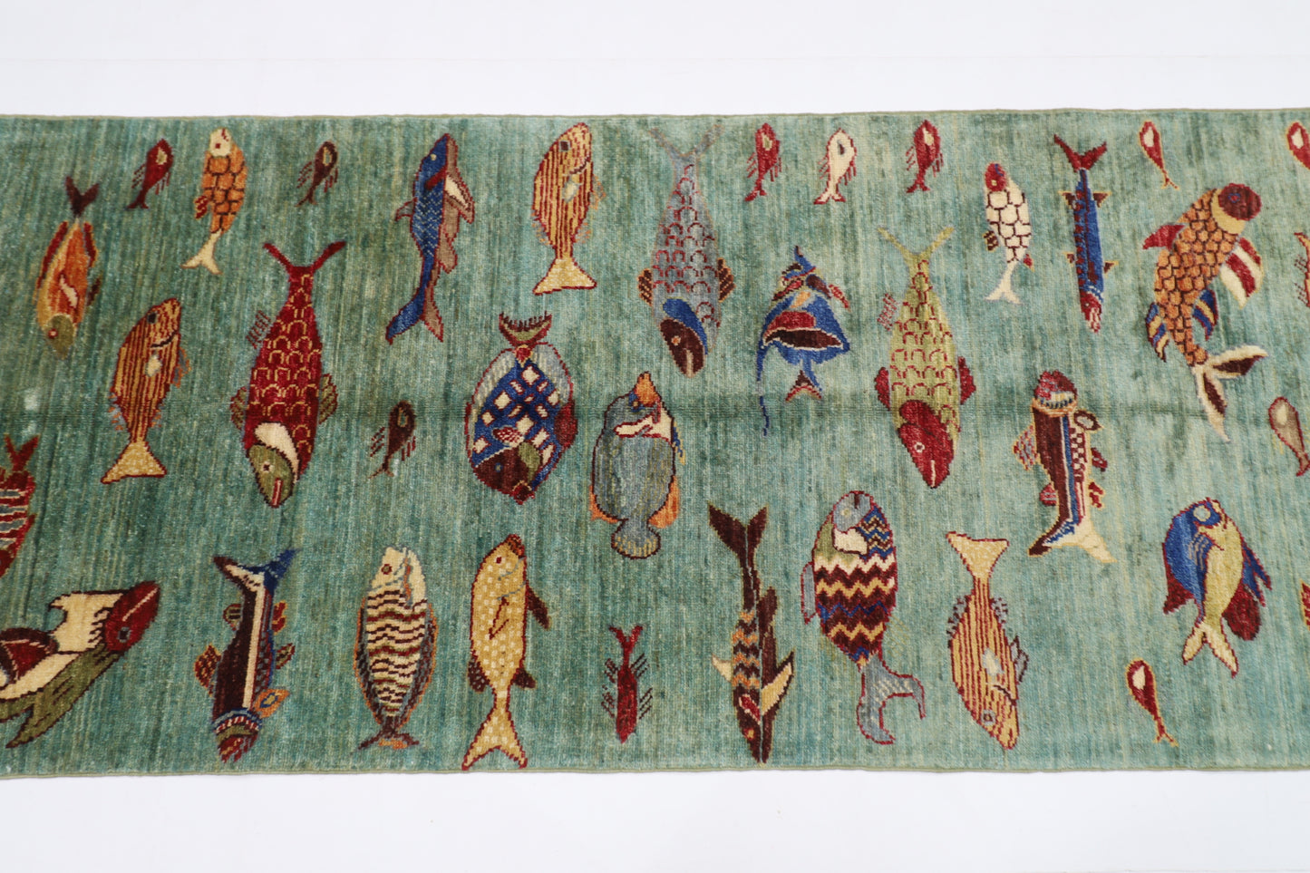 80 x 348 cm | Fish Party Runner Rug Afghan Hand Knotted Veg Dye Wool carpet