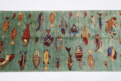 80 x 348 cm | Fish Party Runner Rug Afghan Hand Knotted Veg Dye Wool carpet