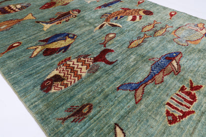 80 x 348 cm | Fish Party Runner Rug Afghan Hand Knotted Veg Dye Wool carpet