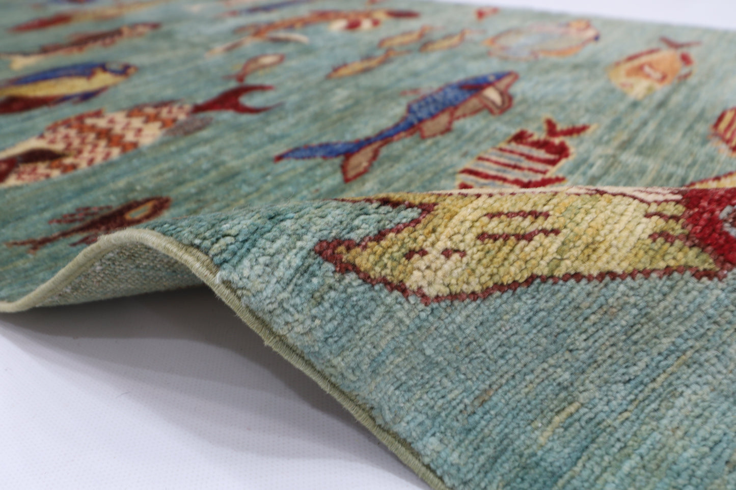 80 x 348 cm | Fish Party Runner Rug Afghan Hand Knotted Veg Dye Wool carpet