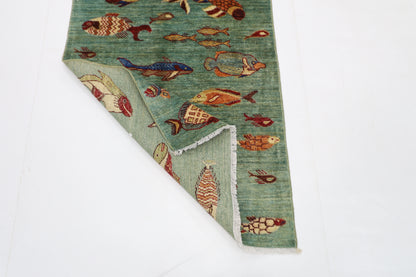 80 x 348 cm | Fish Party Runner Rug Afghan Hand Knotted Veg Dye Wool carpet