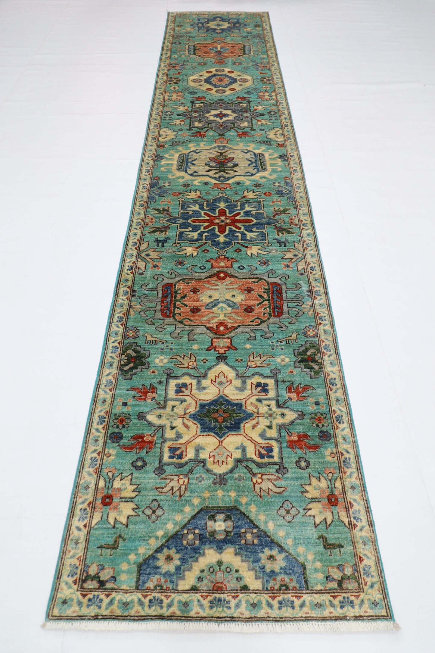 86 x 426 cm | Turquoise Runner Rug Afghan Hand Knotted Veg Dye Wool carpet