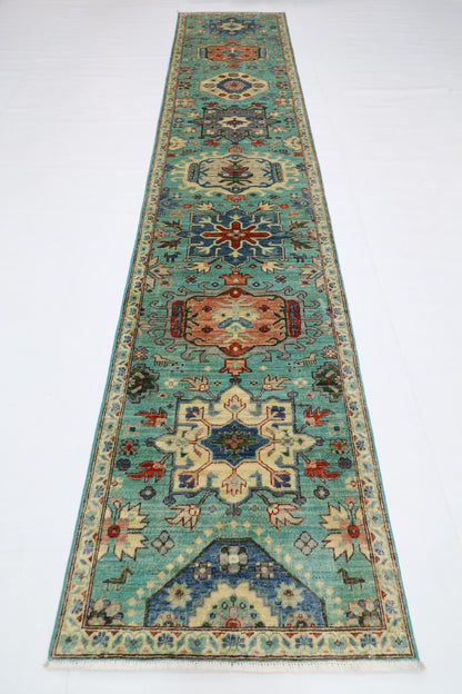 86 x 426 cm | Turquoise Runner Rug Afghan Hand Knotted Veg Dye Wool carpet
