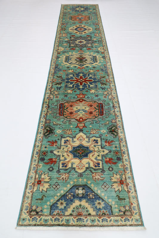 86 x 426 cm | Turquoise Runner Rug Afghan Hand Knotted Veg Dye Wool carpet