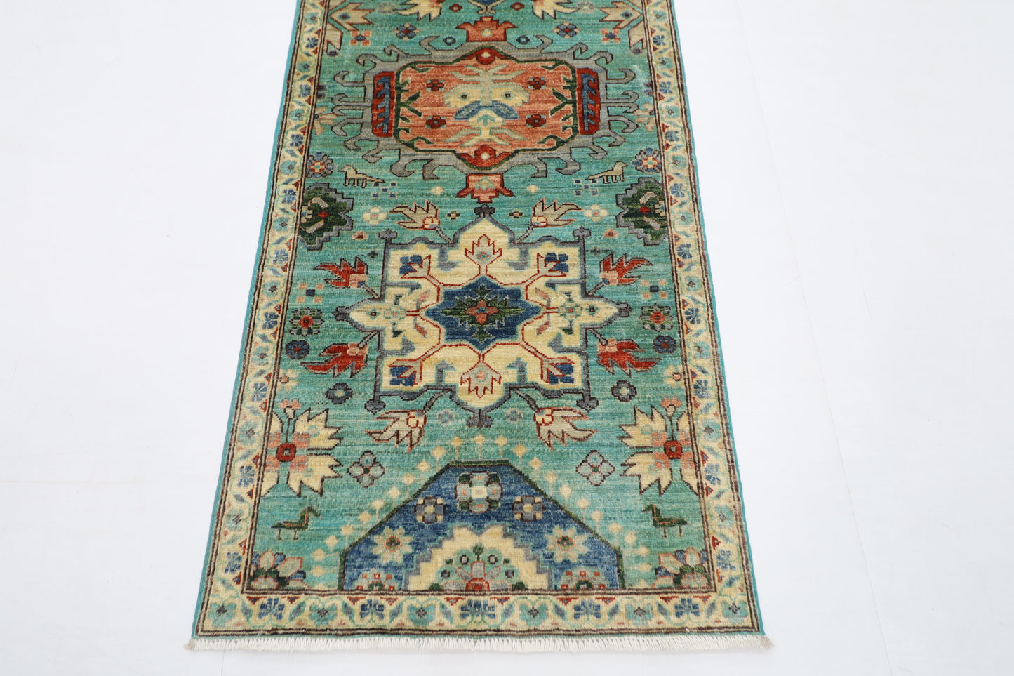 86 x 426 cm | Turquoise Runner Rug Afghan Hand Knotted Veg Dye Wool carpet