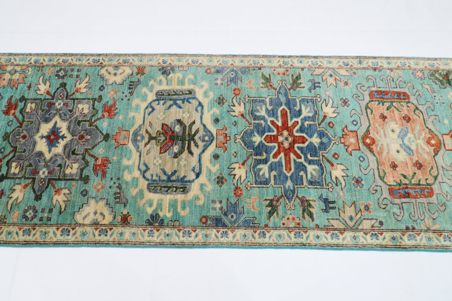 86 x 426 cm | Turquoise Runner Rug Afghan Hand Knotted Veg Dye Wool carpet