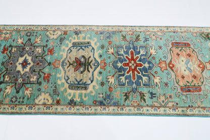 86 x 426 cm | Turquoise Runner Rug Afghan Hand Knotted Veg Dye Wool carpet