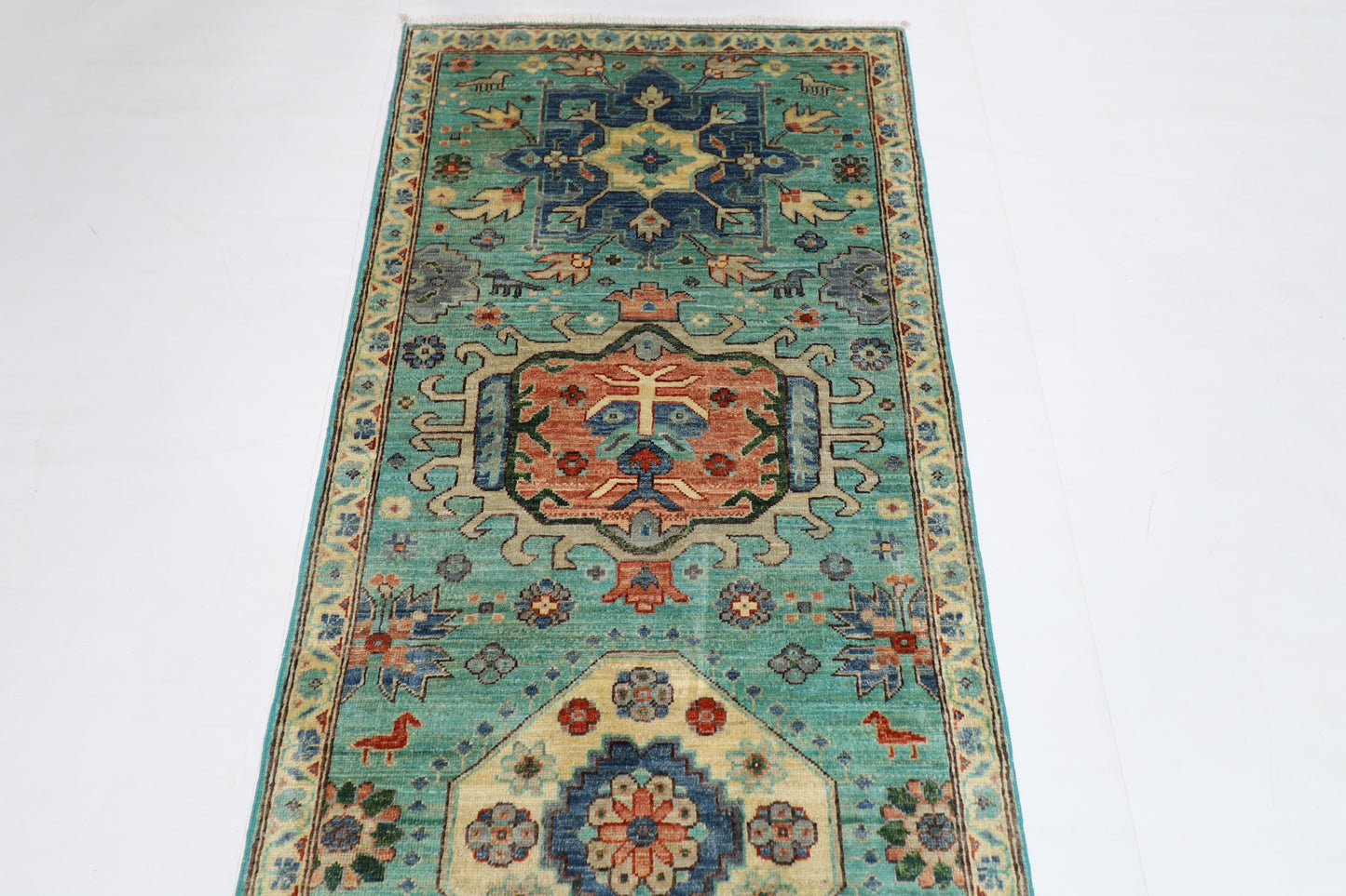 86 x 426 cm | Turquoise Runner Rug Afghan Hand Knotted Veg Dye Wool carpet
