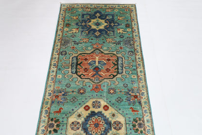 86 x 426 cm | Turquoise Runner Rug Afghan Hand Knotted Veg Dye Wool carpet
