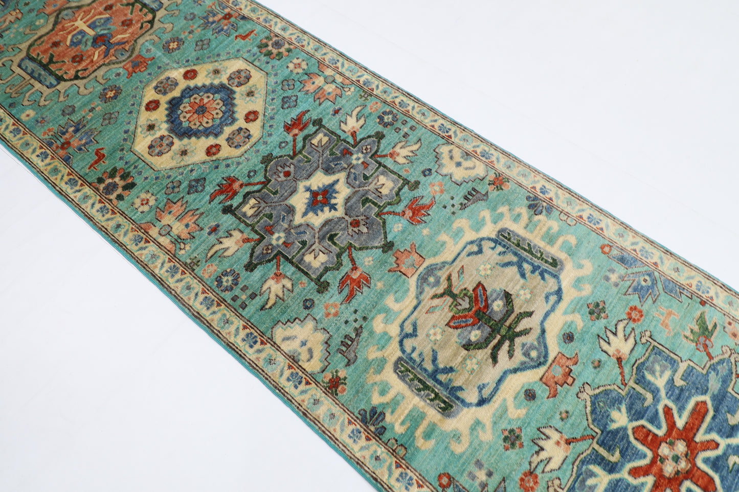 86 x 426 cm | Turquoise Runner Rug Afghan Hand Knotted Veg Dye Wool carpet