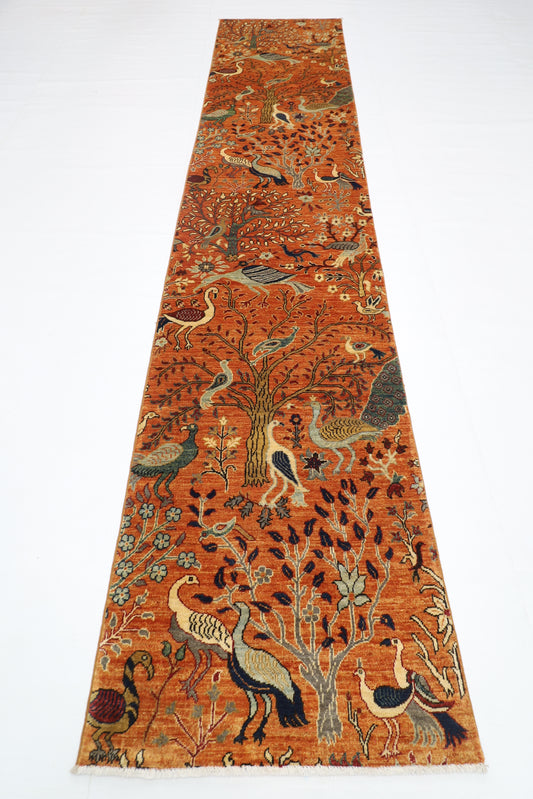 89 x 397 cm | Gold Birds Runner Rug Afghan Hand Knotted Veg Dye Wool carpet