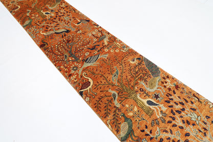 89 x 397 cm | Gold Birds Runner Rug Afghan Hand Knotted Veg Dye Wool carpet