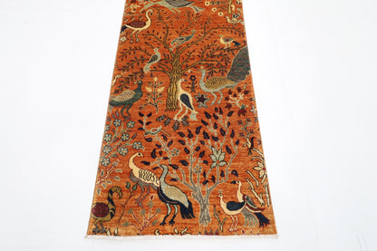 89 x 397 cm | Gold Birds Runner Rug Afghan Hand Knotted Veg Dye Wool carpet