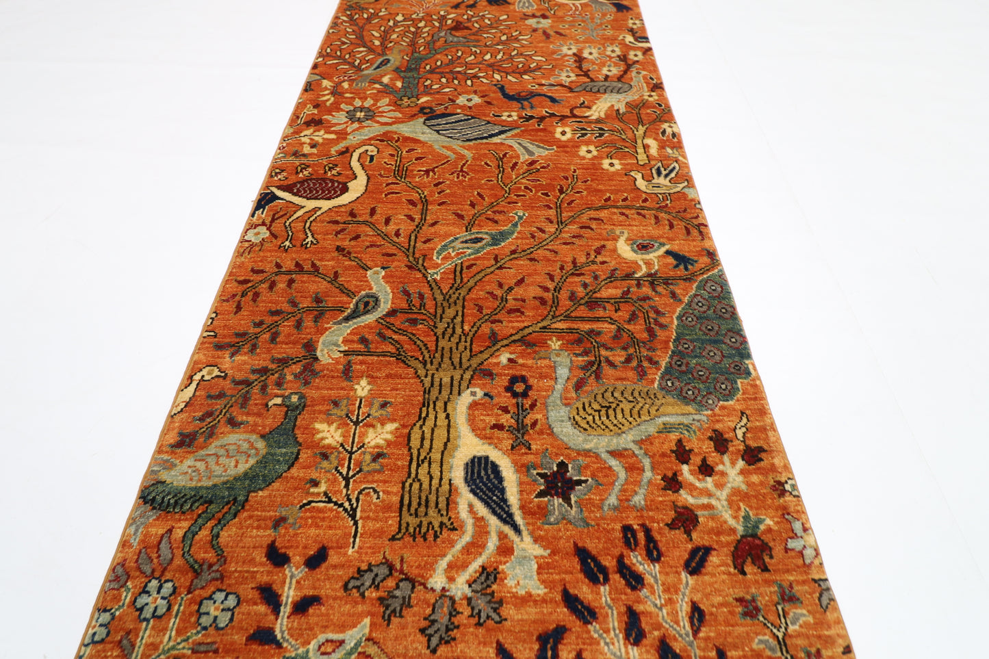 89 x 397 cm | Gold Birds Runner Rug Afghan Hand Knotted Veg Dye Wool carpet