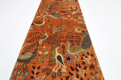 89 x 397 cm | Gold Birds Runner Rug Afghan Hand Knotted Veg Dye Wool carpet