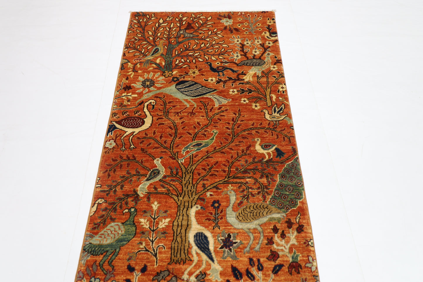 89 x 397 cm | Gold Birds Runner Rug Afghan Hand Knotted Veg Dye Wool carpet