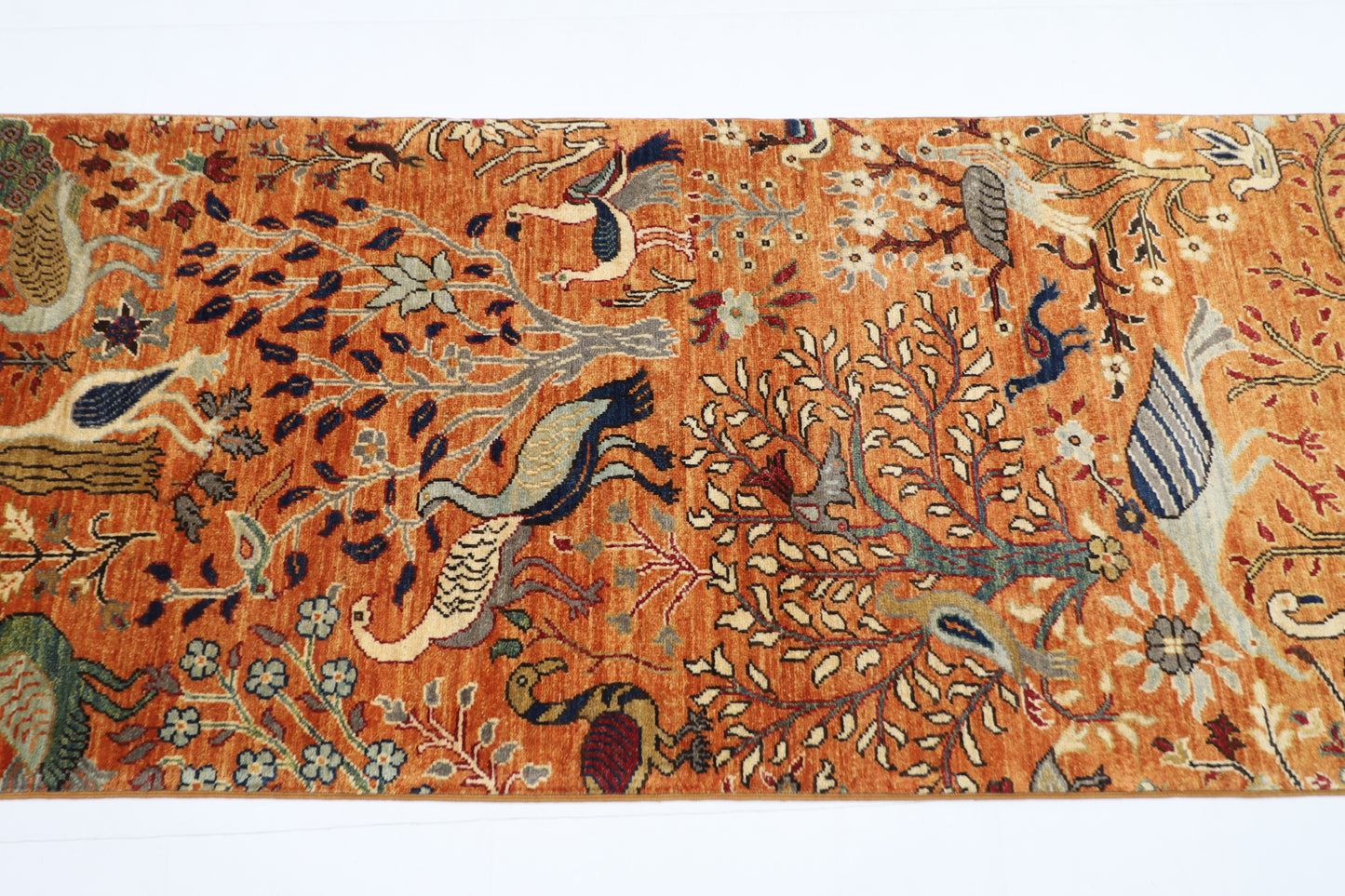 89 x 397 cm | Gold Birds Runner Rug Afghan Hand Knotted Veg Dye Wool carpet