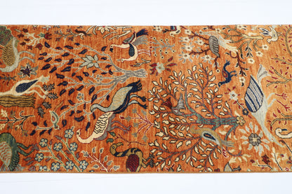89 x 397 cm | Gold Birds Runner Rug Afghan Hand Knotted Veg Dye Wool carpet