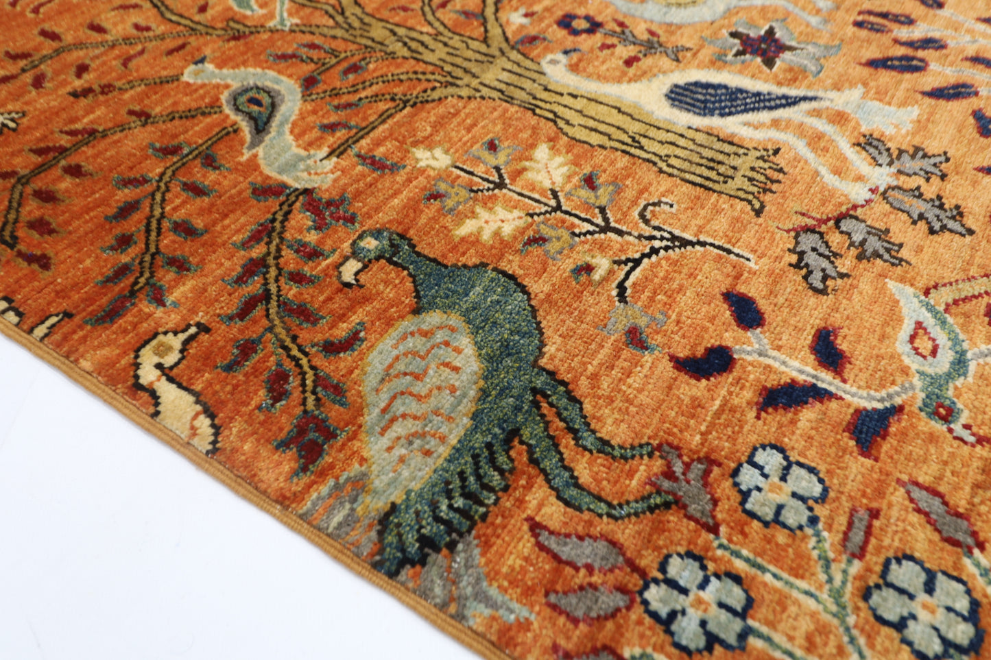 89 x 397 cm | Gold Birds Runner Rug Afghan Hand Knotted Veg Dye Wool carpet