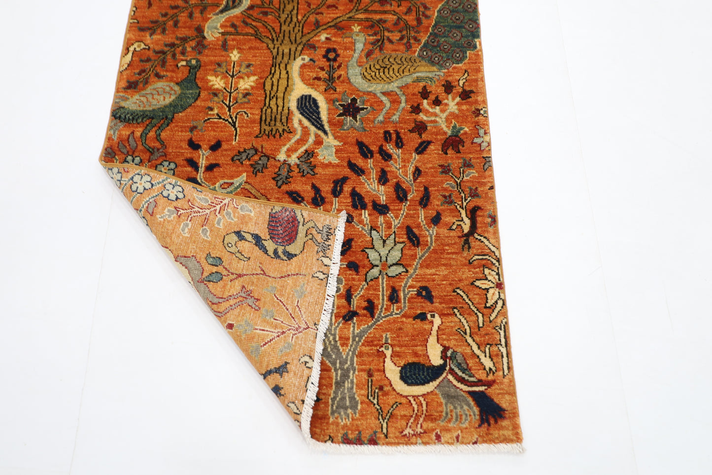89 x 397 cm | Gold Birds Runner Rug Afghan Hand Knotted Veg Dye Wool carpet