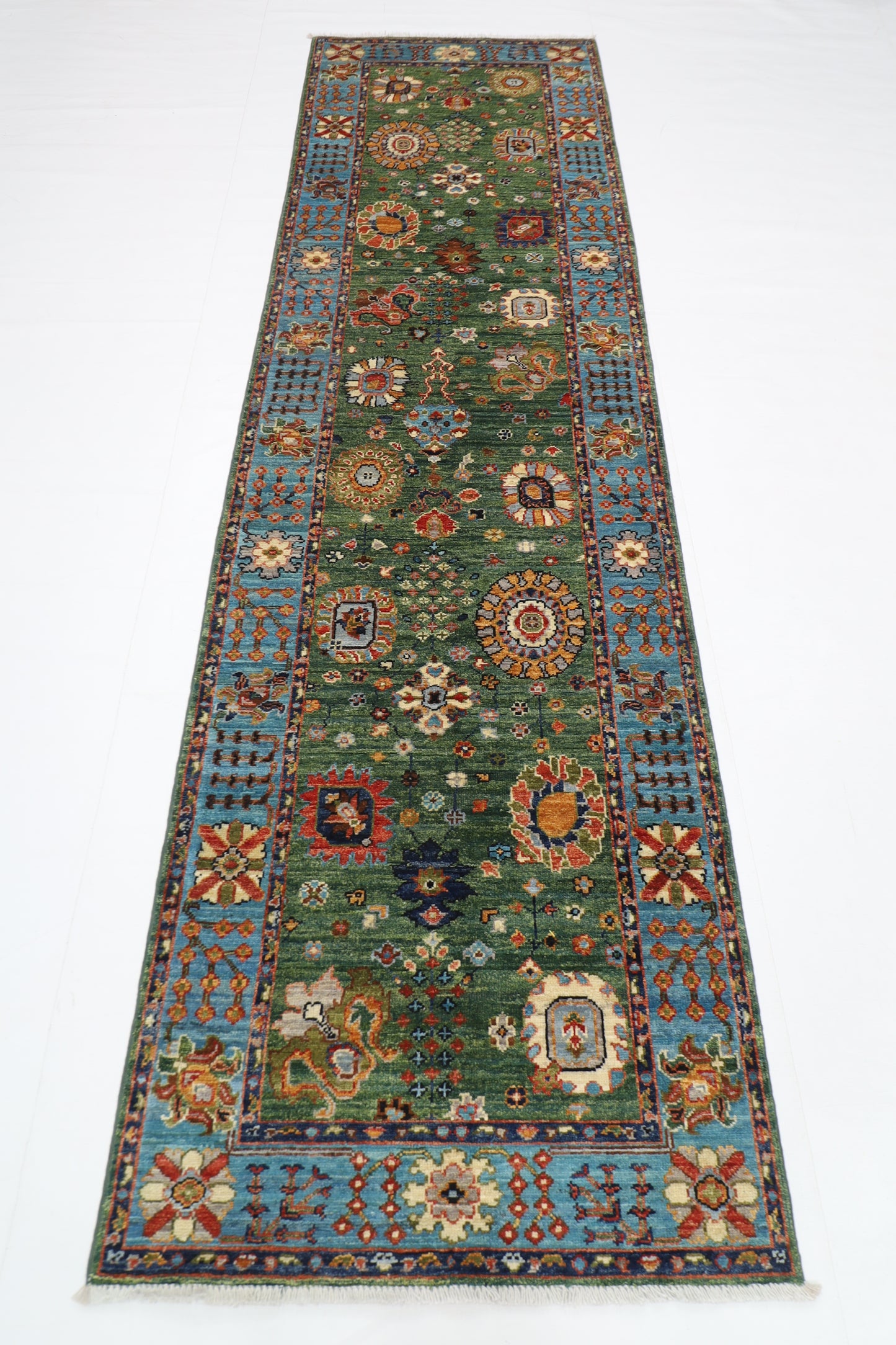 85 x 303 cm | Green Runner Rug Afghan Hand Knotted Veg Dye Wool carpet