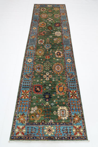 85 x 303 cm | Green Runner Rug Afghan Hand Knotted Veg Dye Wool carpet