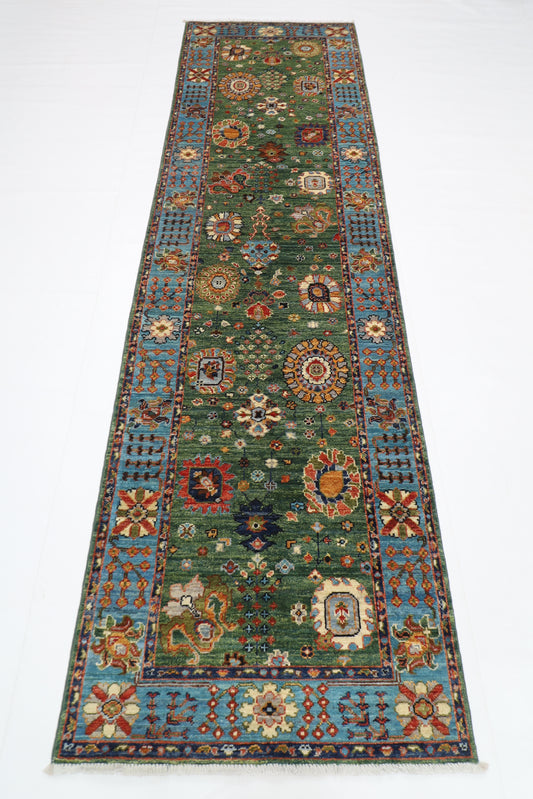 85 x 303 cm | Green Runner Rug Afghan Hand Knotted Veg Dye Wool carpet