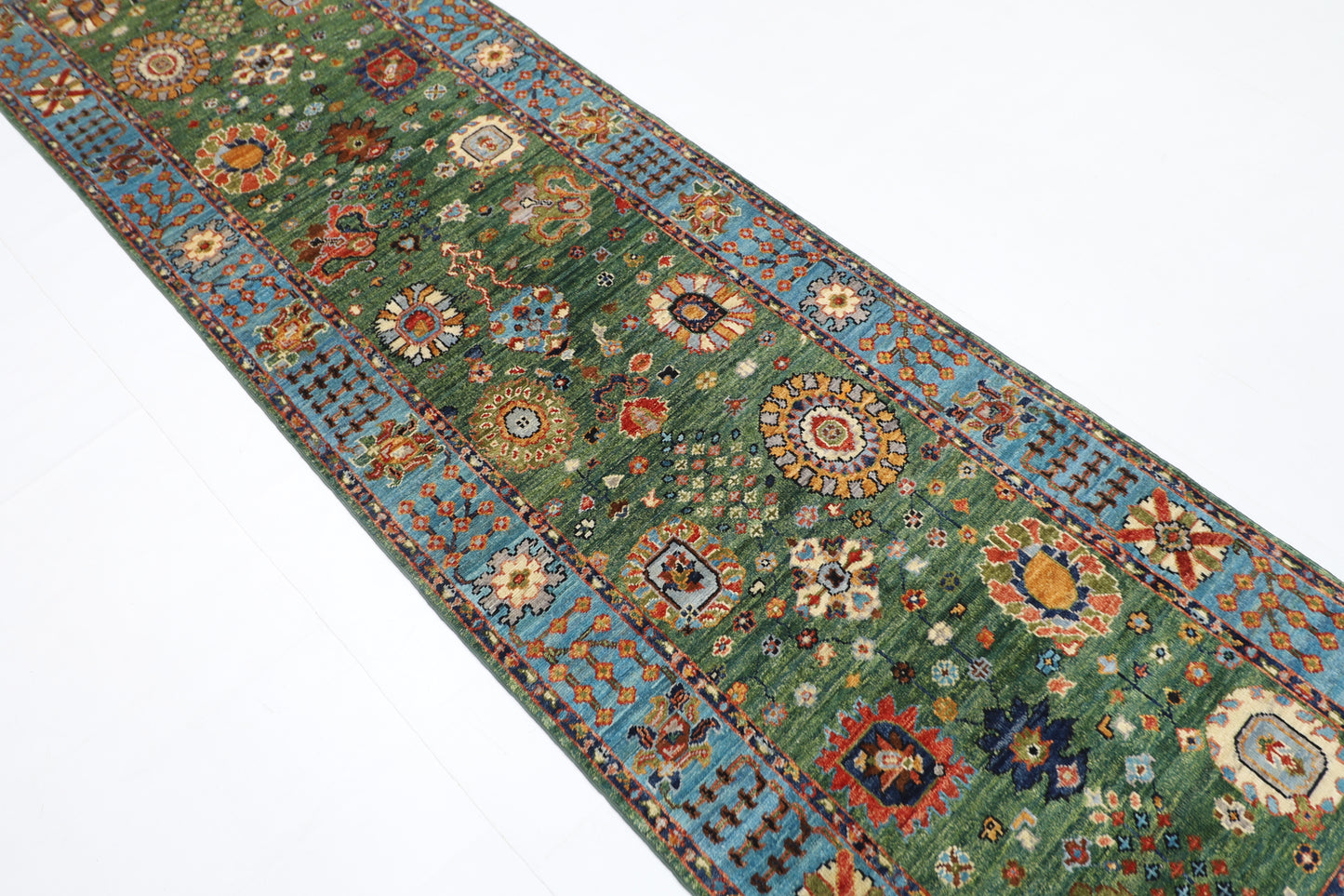 85 x 303 cm | Green Runner Rug Afghan Hand Knotted Veg Dye Wool carpet