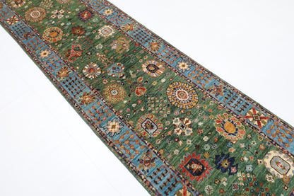 85 x 303 cm | Green Runner Rug Afghan Hand Knotted Veg Dye Wool carpet