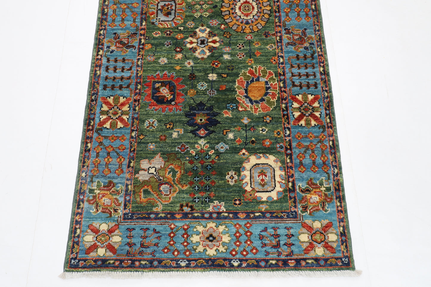 85 x 303 cm | Green Runner Rug Afghan Hand Knotted Veg Dye Wool carpet