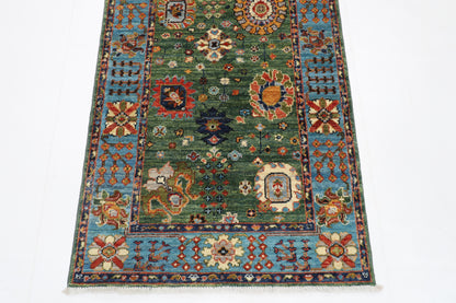 85 x 303 cm | Green Runner Rug Afghan Hand Knotted Veg Dye Wool carpet