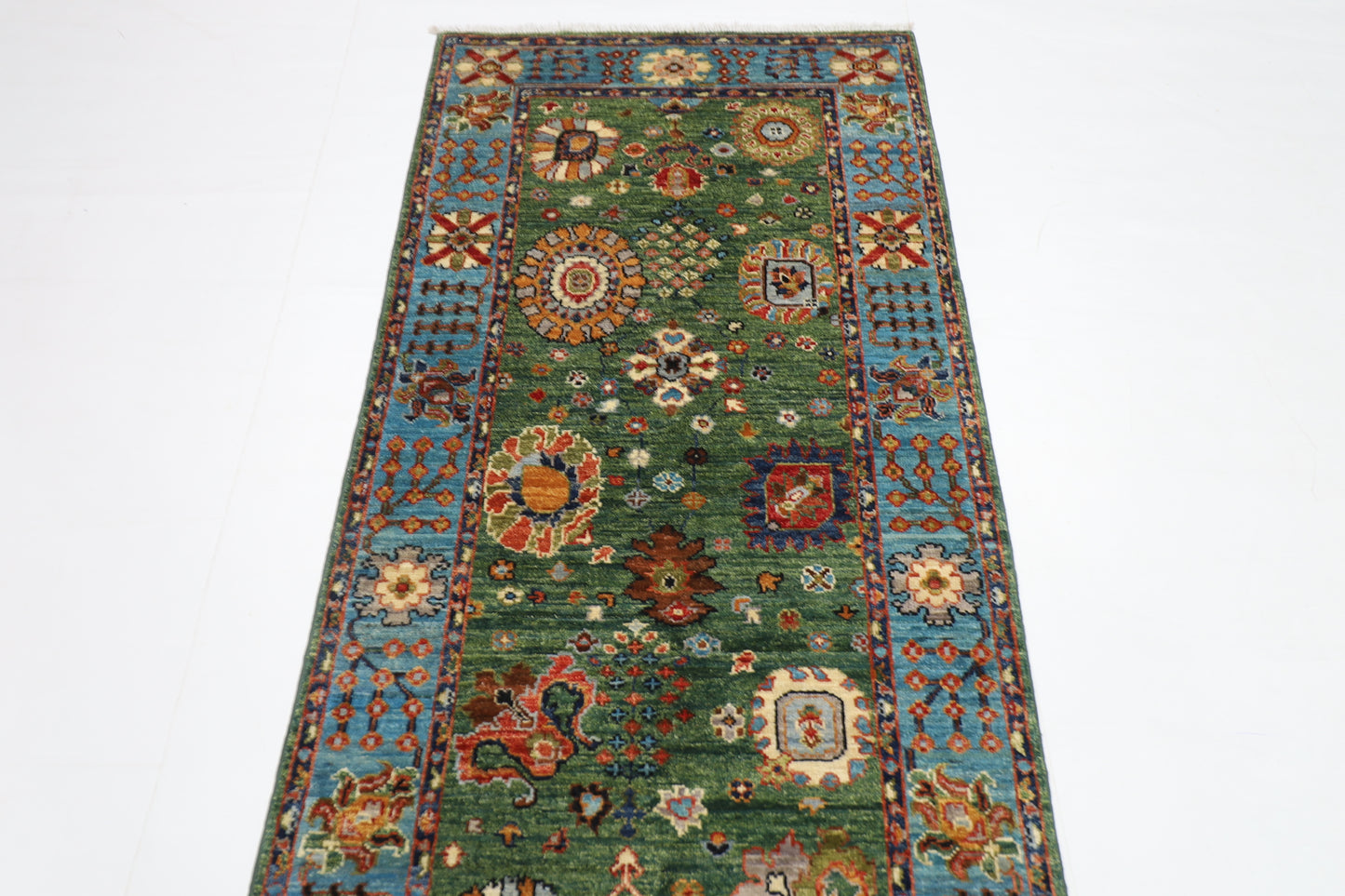 85 x 303 cm | Green Runner Rug Afghan Hand Knotted Veg Dye Wool carpet