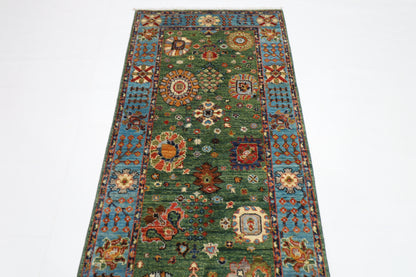 85 x 303 cm | Green Runner Rug Afghan Hand Knotted Veg Dye Wool carpet