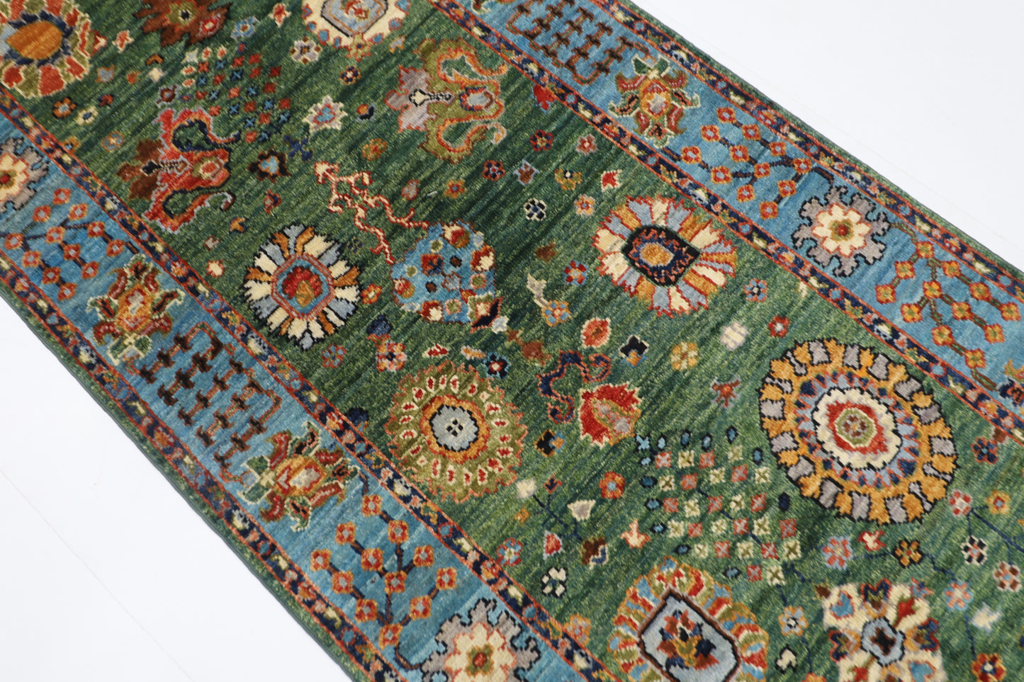 85 x 303 cm | Green Runner Rug Afghan Hand Knotted Veg Dye Wool carpet