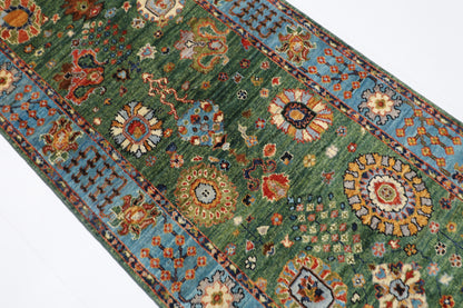 85 x 303 cm | Green Runner Rug Afghan Hand Knotted Veg Dye Wool carpet