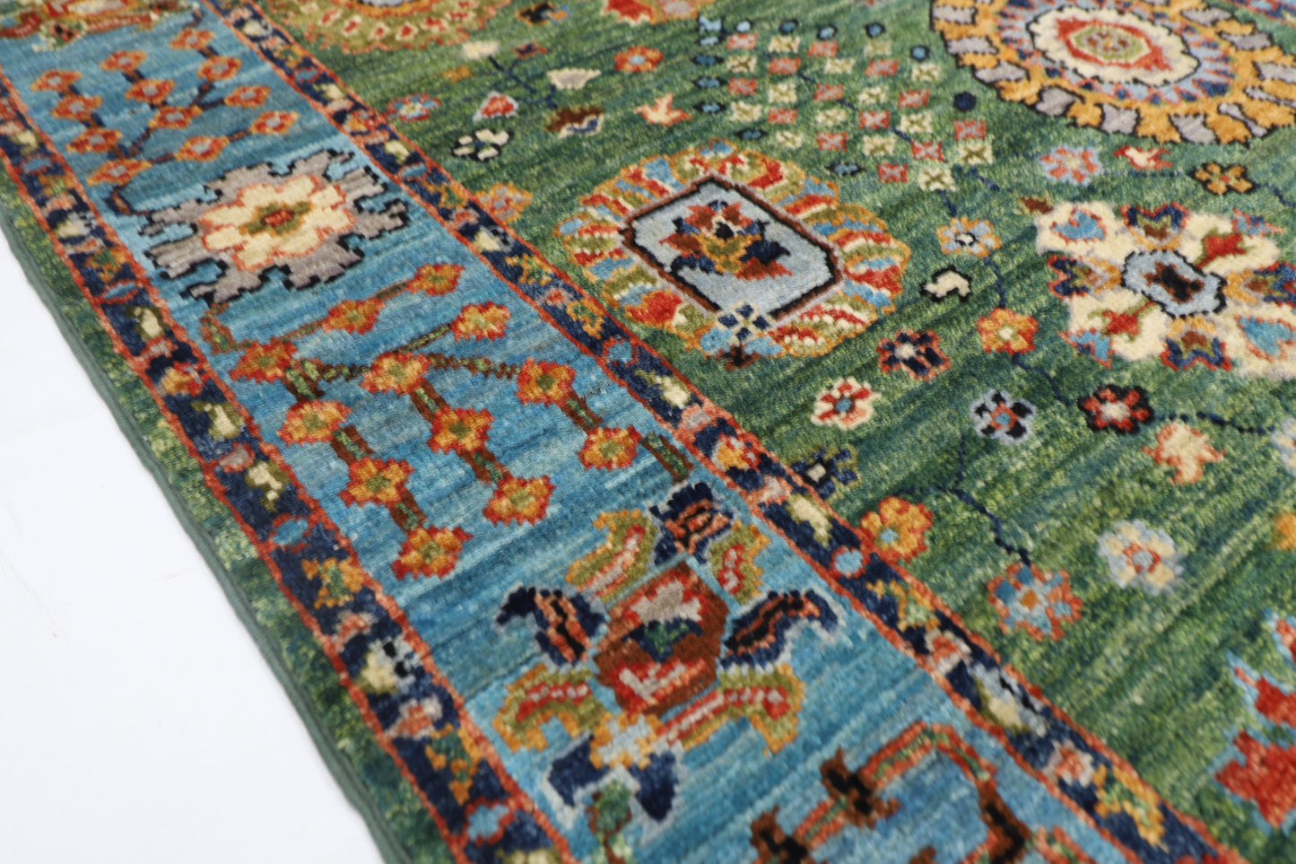 85 x 303 cm | Green Runner Rug Afghan Hand Knotted Veg Dye Wool carpet