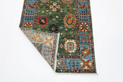 85 x 303 cm | Green Runner Rug Afghan Hand Knotted Veg Dye Wool carpet