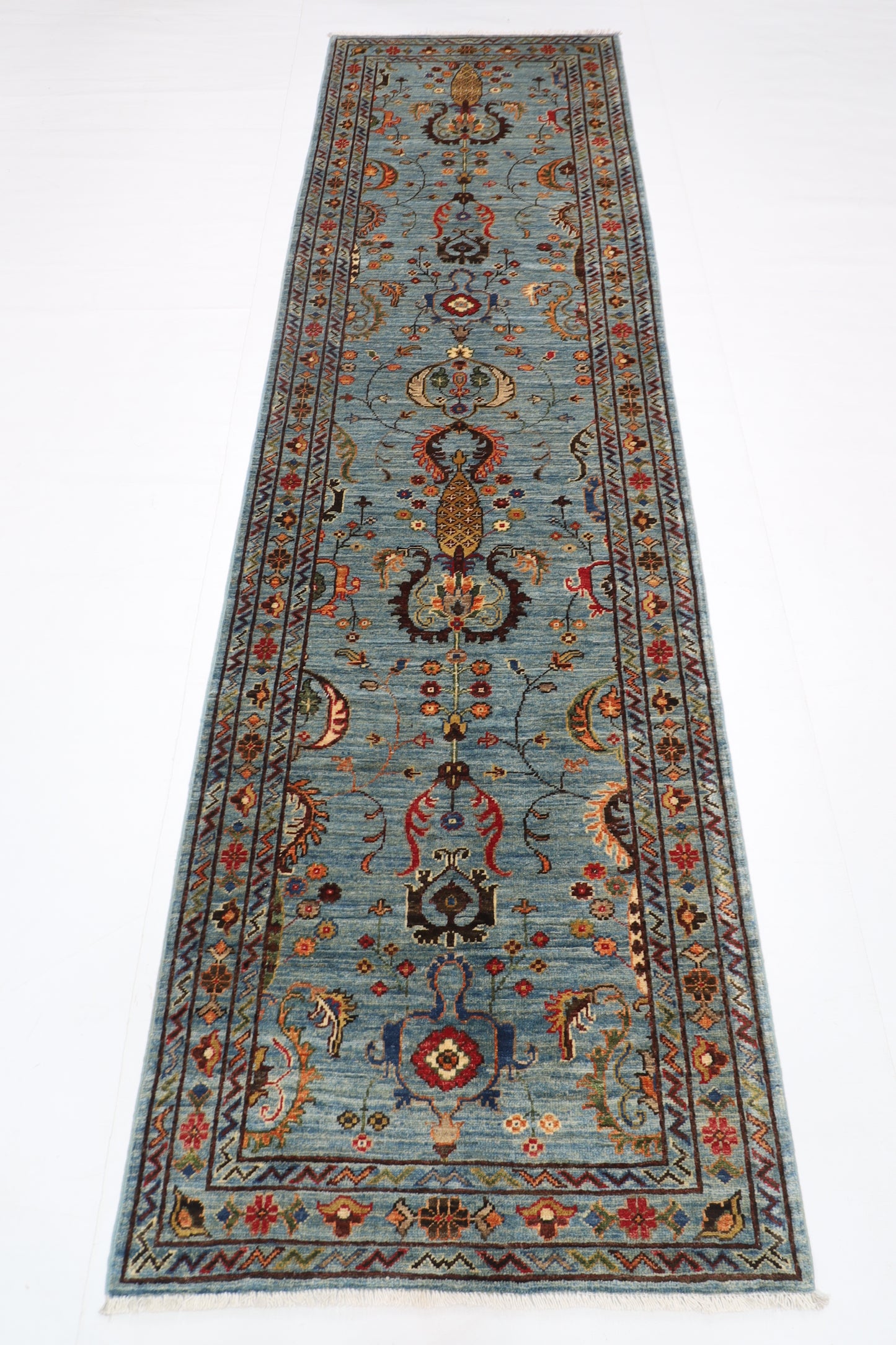 83 x 292 cm | Blueish Grey Runner Rug Afghan Hand Knotted Veg Dye Wool carpet