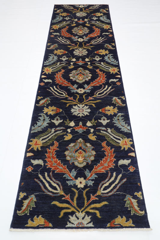 87 x 298 cm | Navy Blue Runner Rug Afghan Hand Knotted Veg Dye Wool carpet
